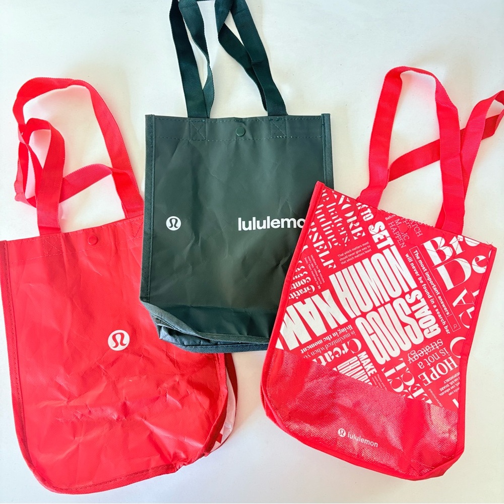 Lot of 3 Lululemon Small Reusable Shopping Tote Bag 11”x9” Red Dark Green ~ New